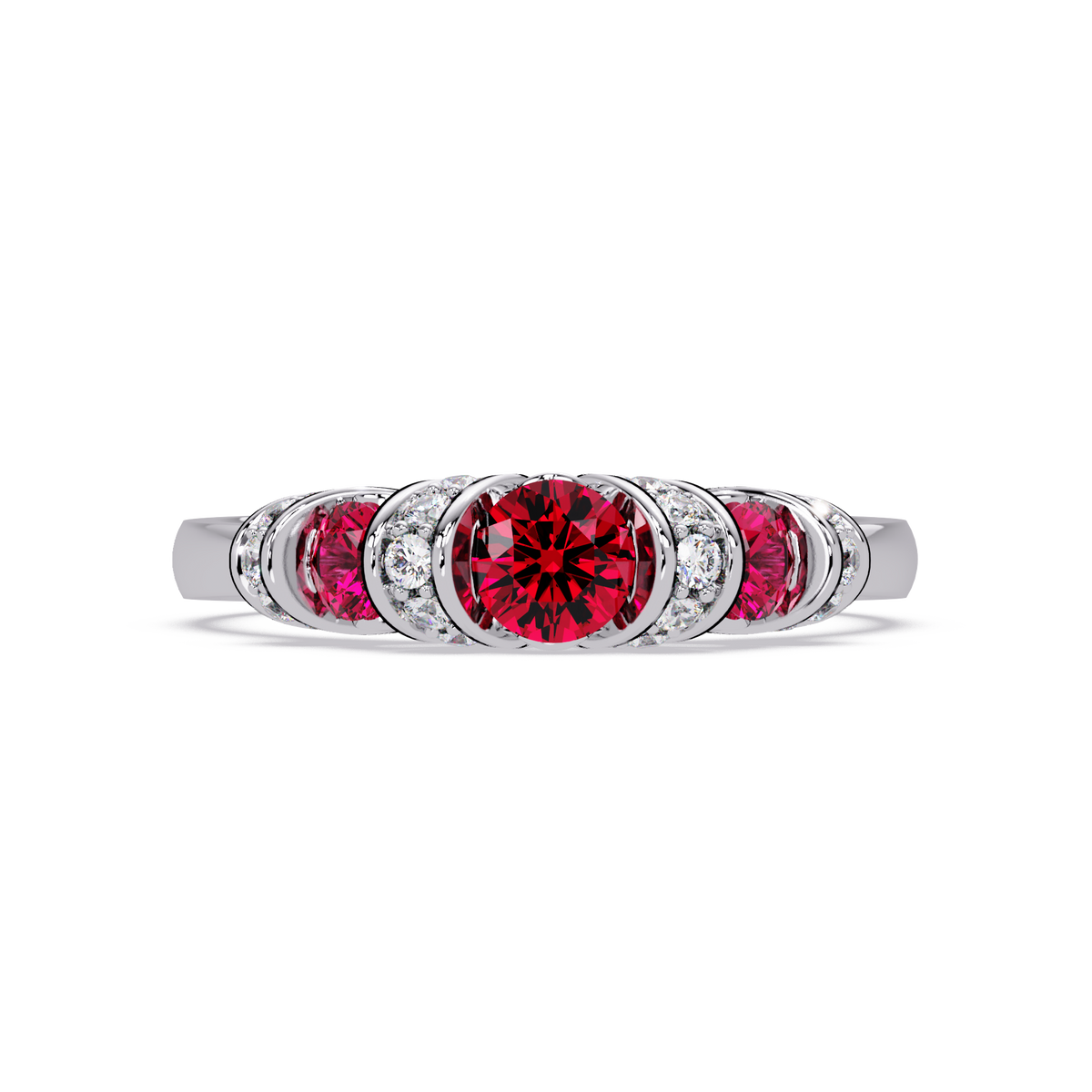0.5 CTW Round Three-Stone Pavé Colorstone Ring with Ruby Red stones in 14K White Gold – Lunéa Paris