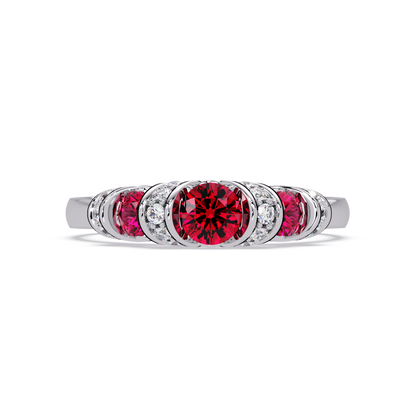 0.5 CTW Round Three-Stone Pavé Colorstone Ring with Ruby Red stones in 14K White Gold – Lunéa Paris