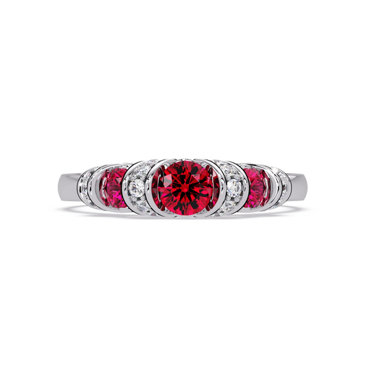 0.5 CTW Round Three-Stone Pavé Colorstone Ring with Ruby Red stones in 14K White Gold – Lunéa Paris