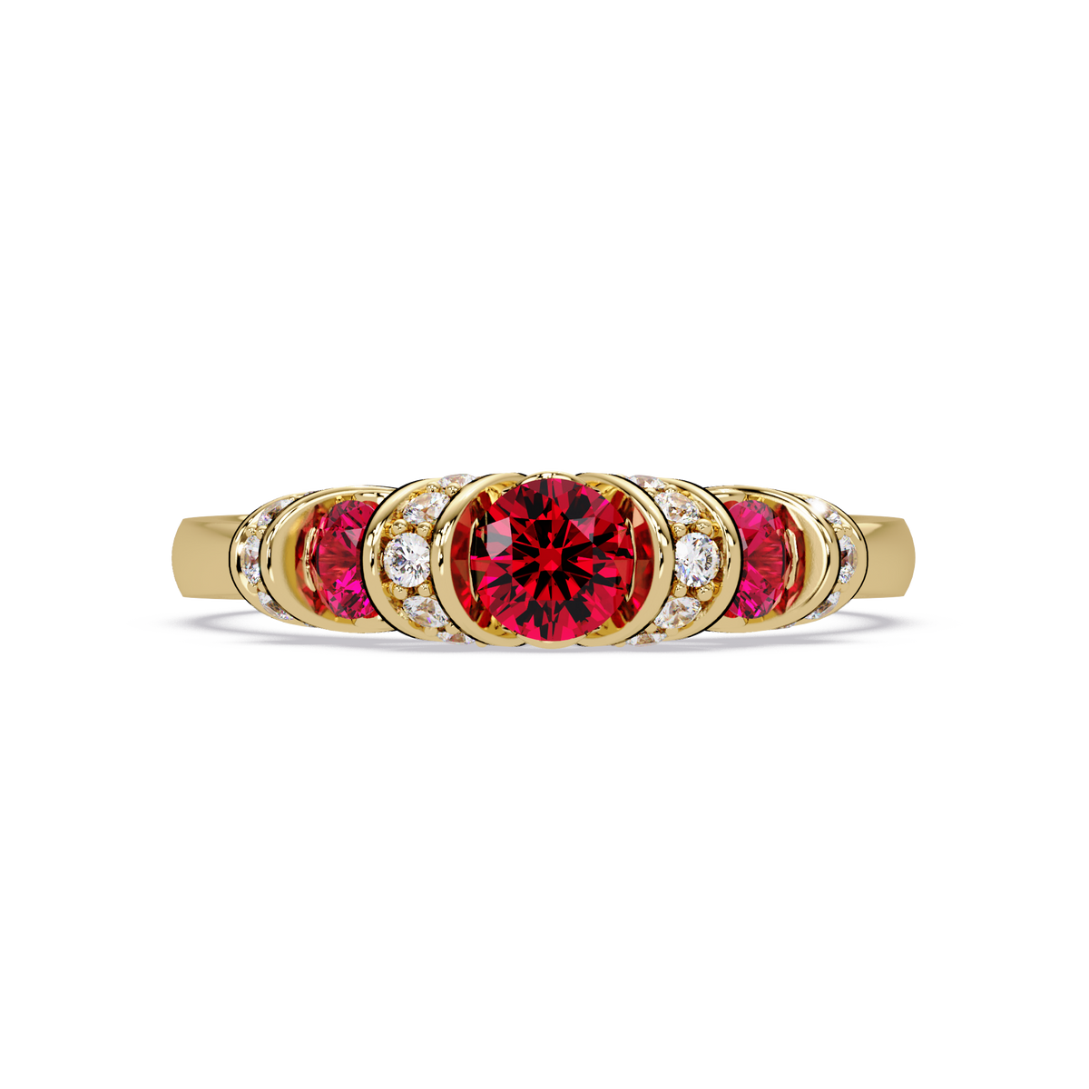 0.5 CTW Round Three-Stone Pavé Colorstone Ring with Ruby Red stones in 14K Yellow Gold – Lunéa Paris