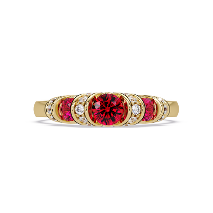 0.5 CTW Round Three-Stone Pavé Colorstone Ring with Ruby Red stones in 14K Yellow Gold – Lunéa Paris
