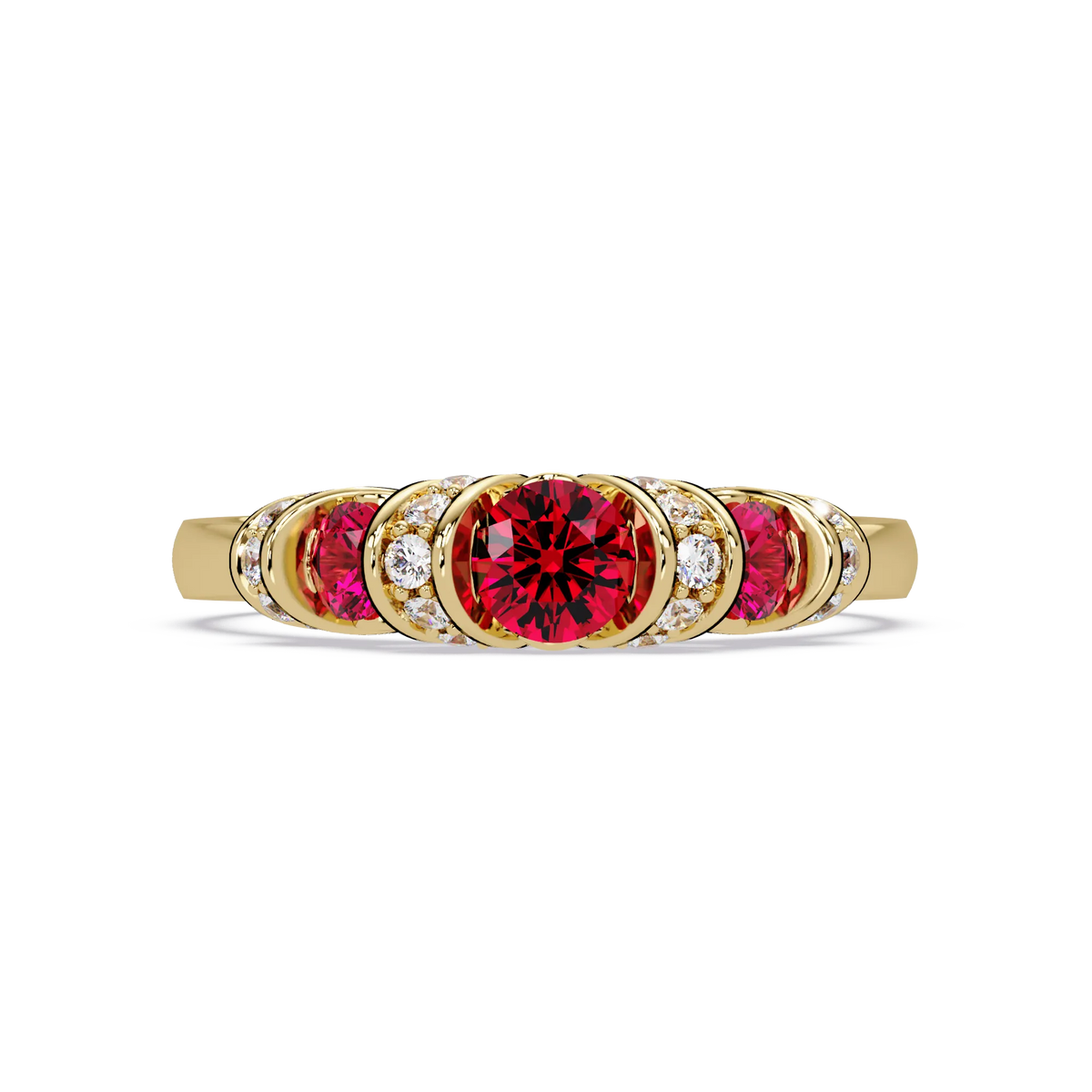 0.5 CTW Round Three-Stone Pavé Colorstone Ring with Ruby Red stones in 14K Yellow Gold – Lunéa Paris