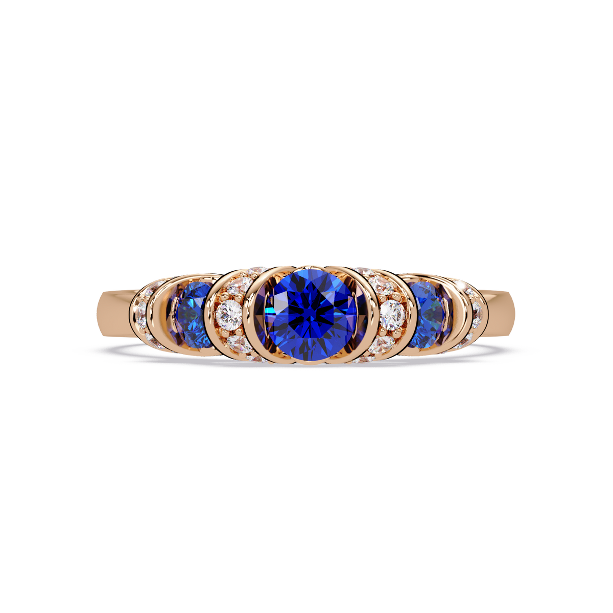 0.5 CTW Round Three-Stone Pavé Colorstone Ring with Sapphire Blue stones in 14K Rose Gold – Lunéa Paris