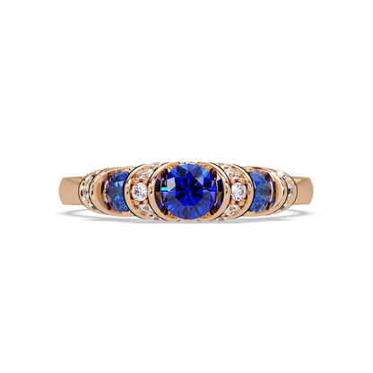 0.5 CTW Round Three-Stone Pavé Colorstone Ring with Sapphire Blue stones in 14K Rose Gold – Lunéa Paris