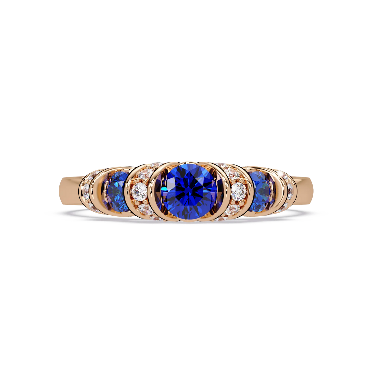 0.5 CTW Round Three-Stone Pavé Colorstone Ring with Sapphire Blue stones in 14K Rose Gold – Lunéa Paris