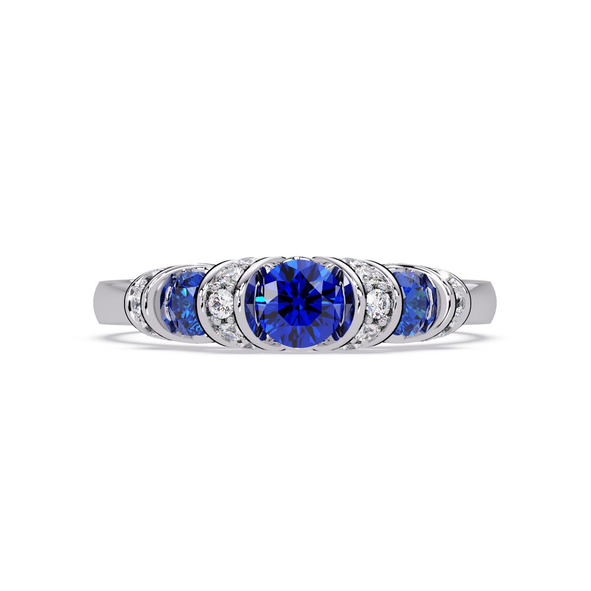 0.5 CTW Round Three-Stone Pavé Colorstone Ring with Sapphire Blue stones in 14K White Gold – Lunéa Paris