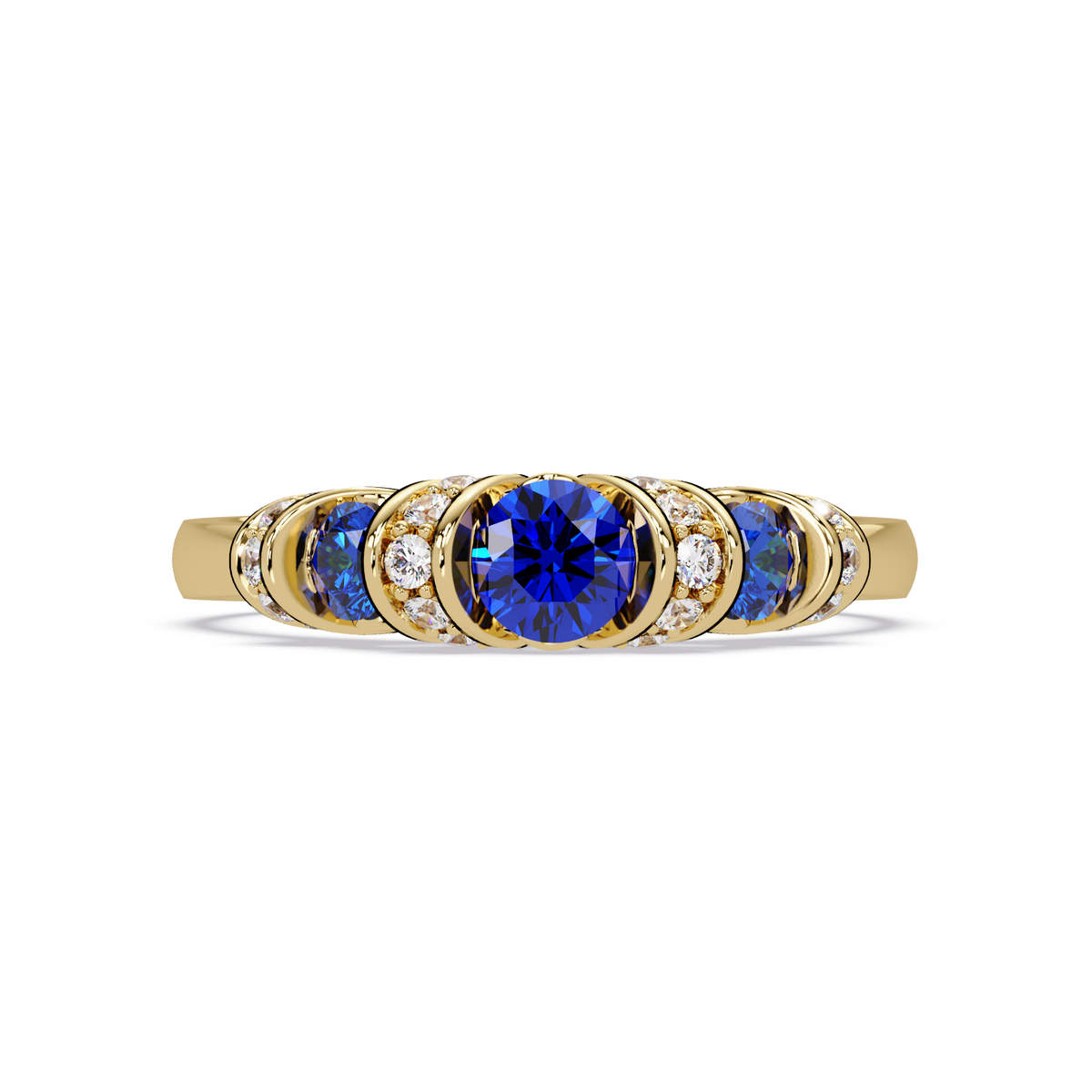 0.5 CTW Round Three-Stone Pavé Colorstone Ring with Sapphire Blue stones in 14K Yellow Gold – Lunéa Paris