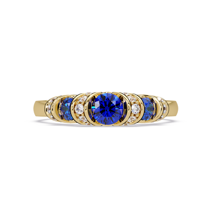 0.5 CTW Round Three-Stone Pavé Colorstone Ring with Sapphire Blue stones in 14K Yellow Gold – Lunéa Paris