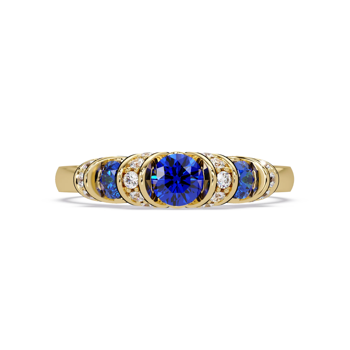 0.5 CTW Round Three-Stone Pavé Colorstone Ring with Sapphire Blue stones in 14K Yellow Gold – Lunéa Paris