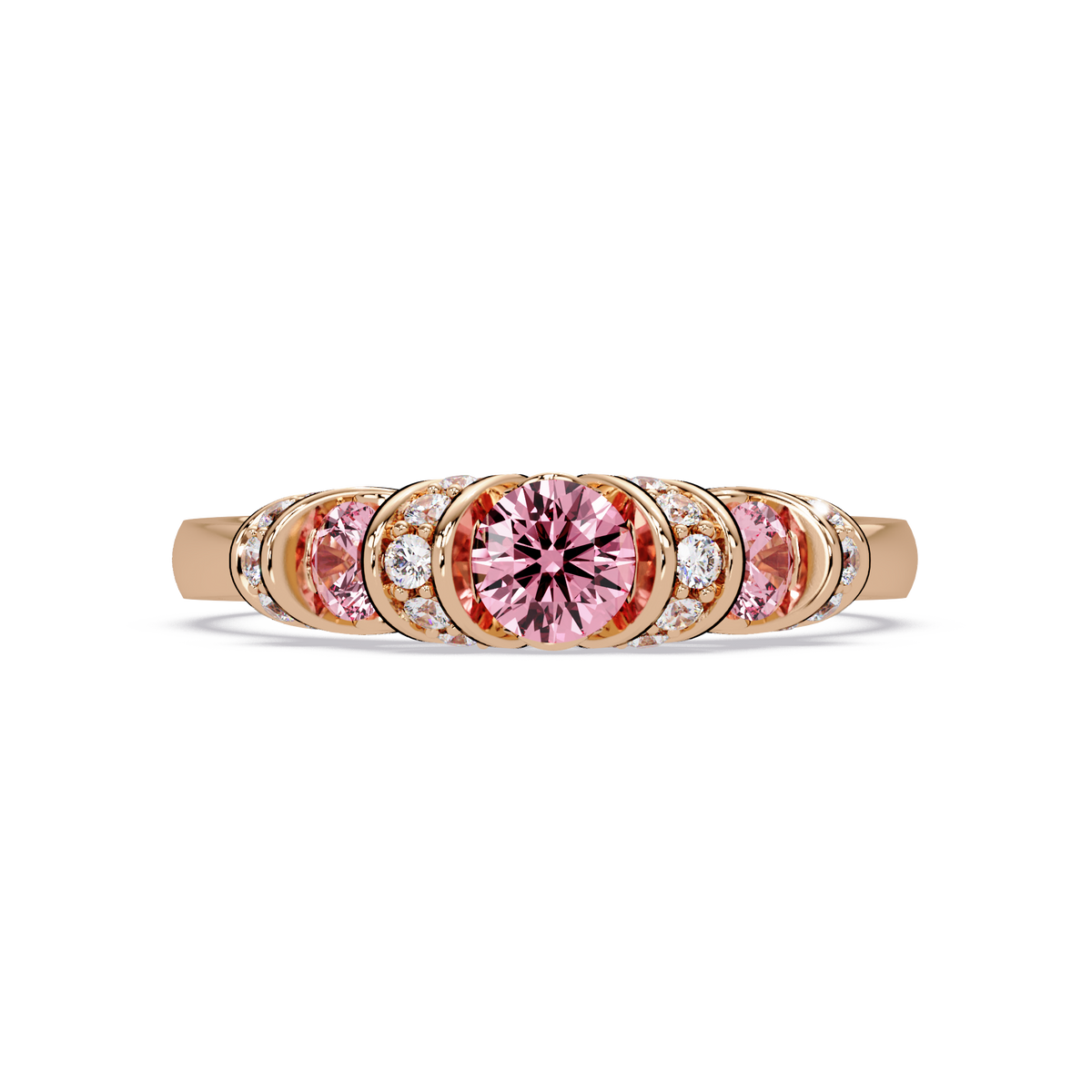 0.5 CTW Round Three-Stone Pavé Colorstone Ring with Tourmaline Pink stones in 14K Rose Gold – Lunéa Paris