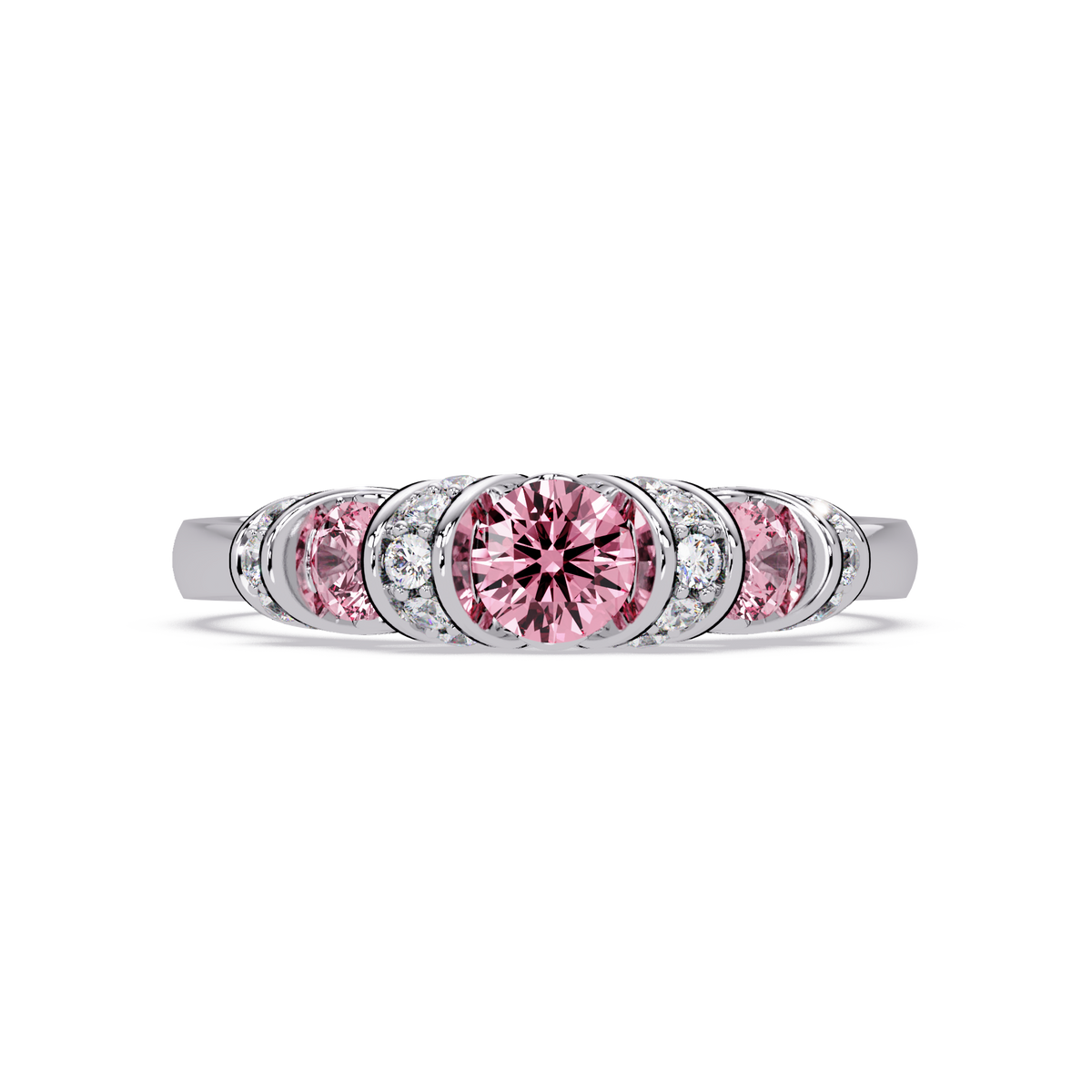 0.5 CTW Round Three-Stone Pavé Colorstone Ring with Tourmaline Pink stones in 14K White Gold – Lunéa Paris