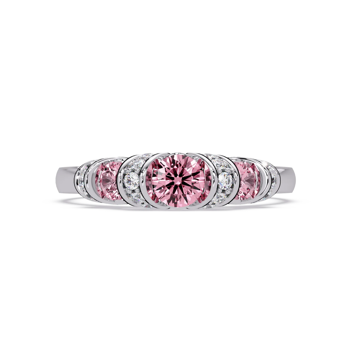 0.5 CTW Round Three-Stone Pavé Colorstone Ring with Tourmaline Pink stones in 14K White Gold – Lunéa Paris