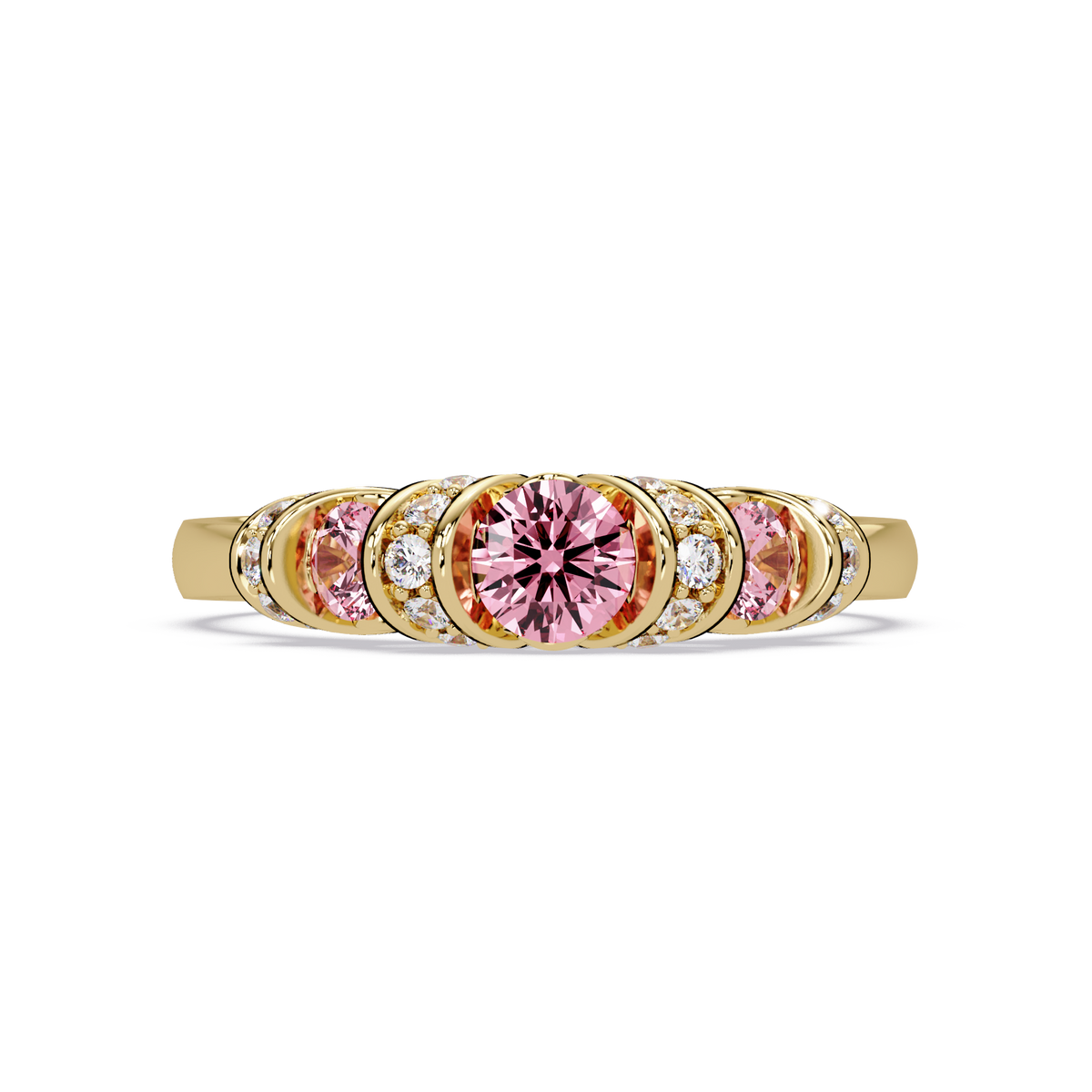 0.5 CTW Round Three-Stone Pavé Colorstone Ring with Tourmaline Pink stones in 14K Yellow Gold – Lunéa Paris