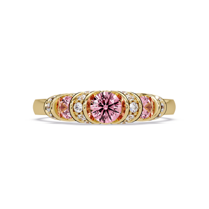 0.5 CTW Round Three-Stone Pavé Colorstone Ring with Tourmaline Pink stones in 14K Yellow Gold – Lunéa Paris
