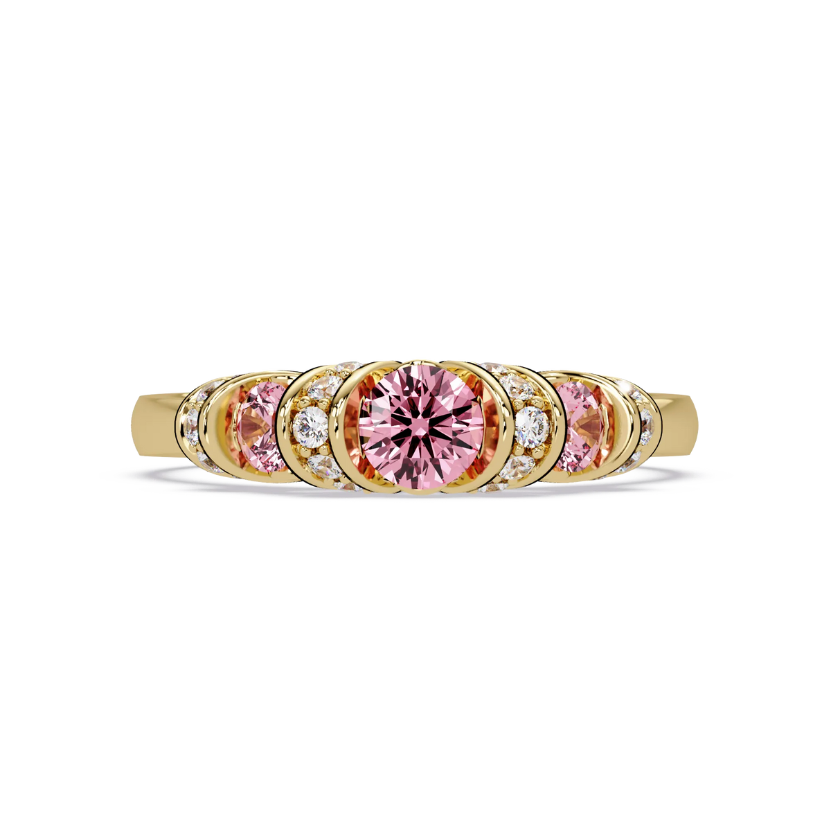 0.5 CTW Round Three-Stone Pavé Colorstone Ring with Tourmaline Pink stones in 14K Yellow Gold – Lunéa Paris