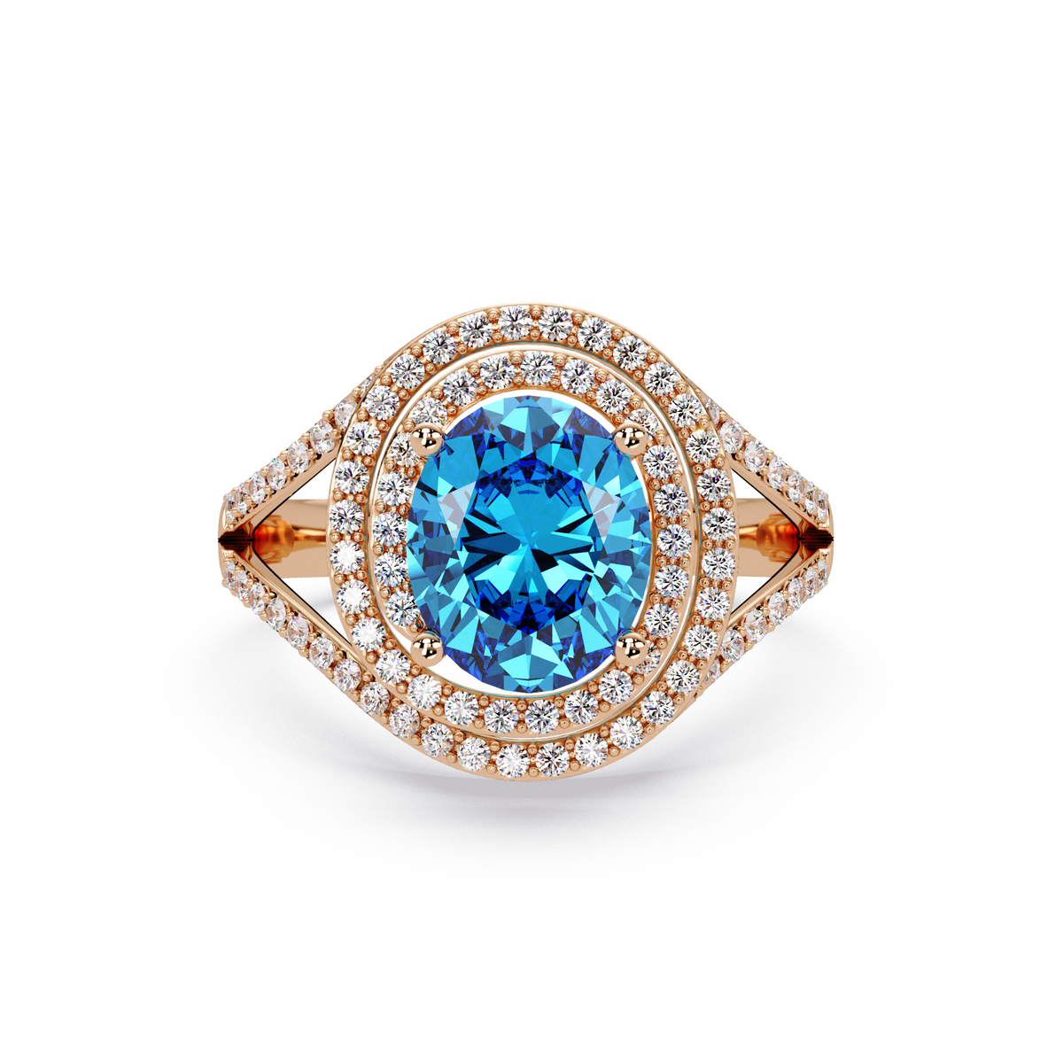 1.8 CTW Oval Double Halo Split Shank Colorstone Ring with Aquamarine Blue center in 14K Rose Gold – Lunéa Paris