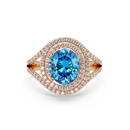 1.8 CTW Oval Double Halo Split Shank Colorstone Ring with Aquamarine Blue center in 14K Rose Gold – Lunéa Paris