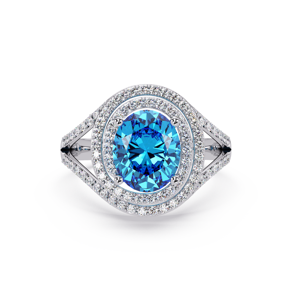 1.8 CTW Oval Double Halo Split Shank Colorstone Ring with Aquamarine Blue center in 14K White Gold – Lunéa Paris