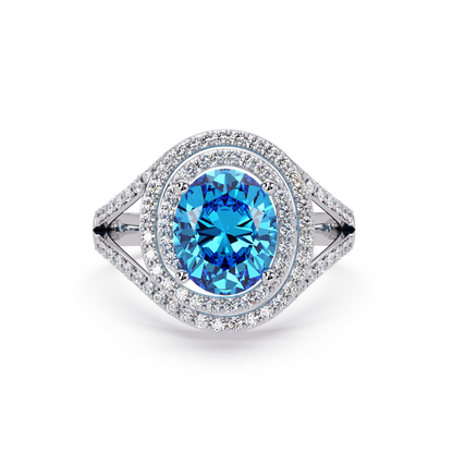 1.8 CTW Oval Double Halo Split Shank Colorstone Ring with Aquamarine Blue center in 14K White Gold – Lunéa Paris