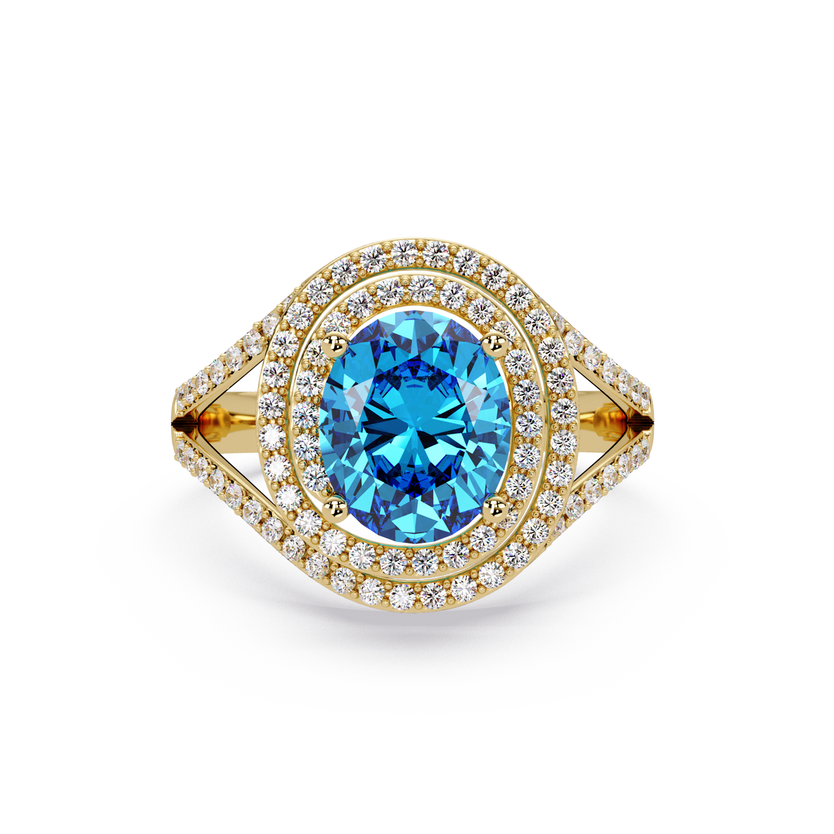 1.8 CTW Oval Double Halo Split Shank Colorstone Ring with Aquamarine Blue center in 14K Yellow Gold – Lunéa Paris