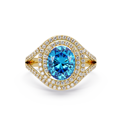 1.8 CTW Oval Double Halo Split Shank Colorstone Ring with Aquamarine Blue center in 14K Yellow Gold – Lunéa Paris