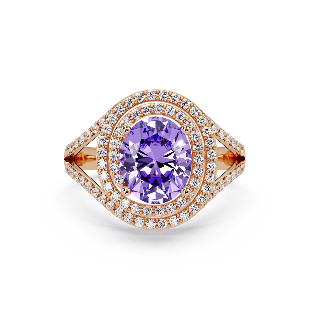 1.8 CTW Oval Double Halo Split Shank Colorstone Ring with Amethyst Purple center in 14K Rose Gold – Lunéa Paris