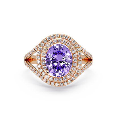 1.8 CTW Oval Double Halo Split Shank Colorstone Ring with Amethyst Purple center in 14K Rose Gold – Lunéa Paris