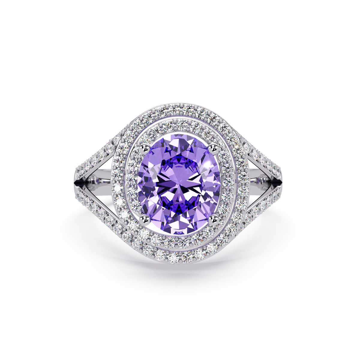1.8 CTW Oval Double Halo Split Shank Colorstone Ring with Amethyst Purple center in 14K White Gold – Lunéa Paris