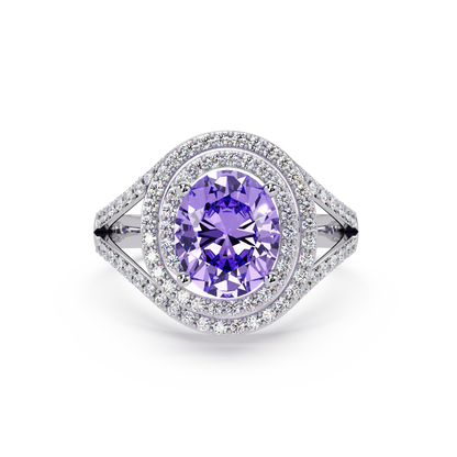 1.8 CTW Oval Double Halo Split Shank Colorstone Ring with Amethyst Purple center in 14K White Gold – Lunéa Paris
