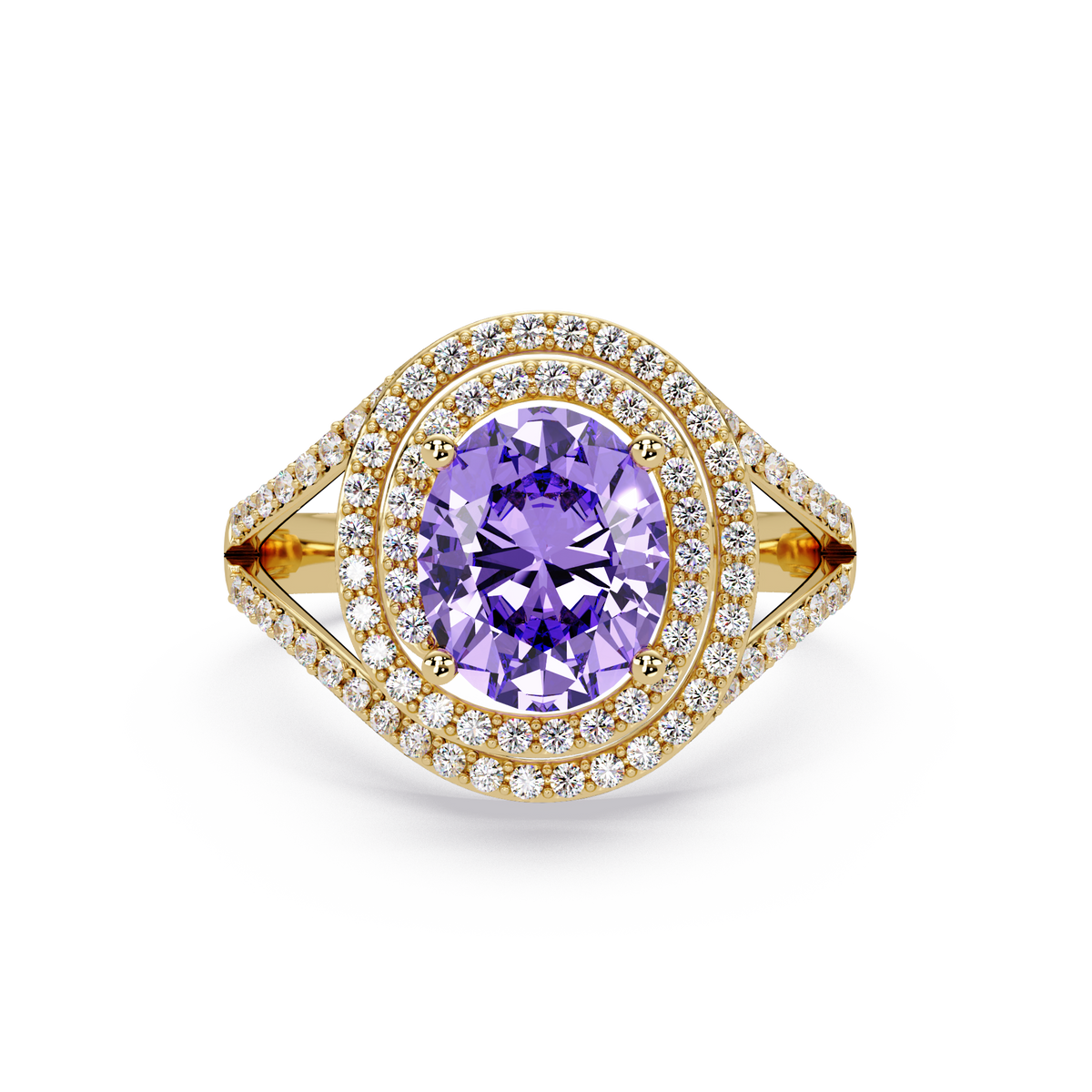 1.8 CTW Oval Double Halo Split Shank Colorstone Ring with Amethyst Purple center in 14K Yellow Gold – Lunéa Paris