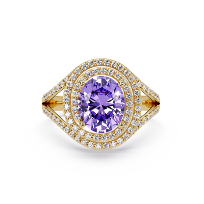 1.8 CTW Oval Double Halo Split Shank Colorstone Ring with Amethyst Purple center in 14K Yellow Gold – Lunéa Paris