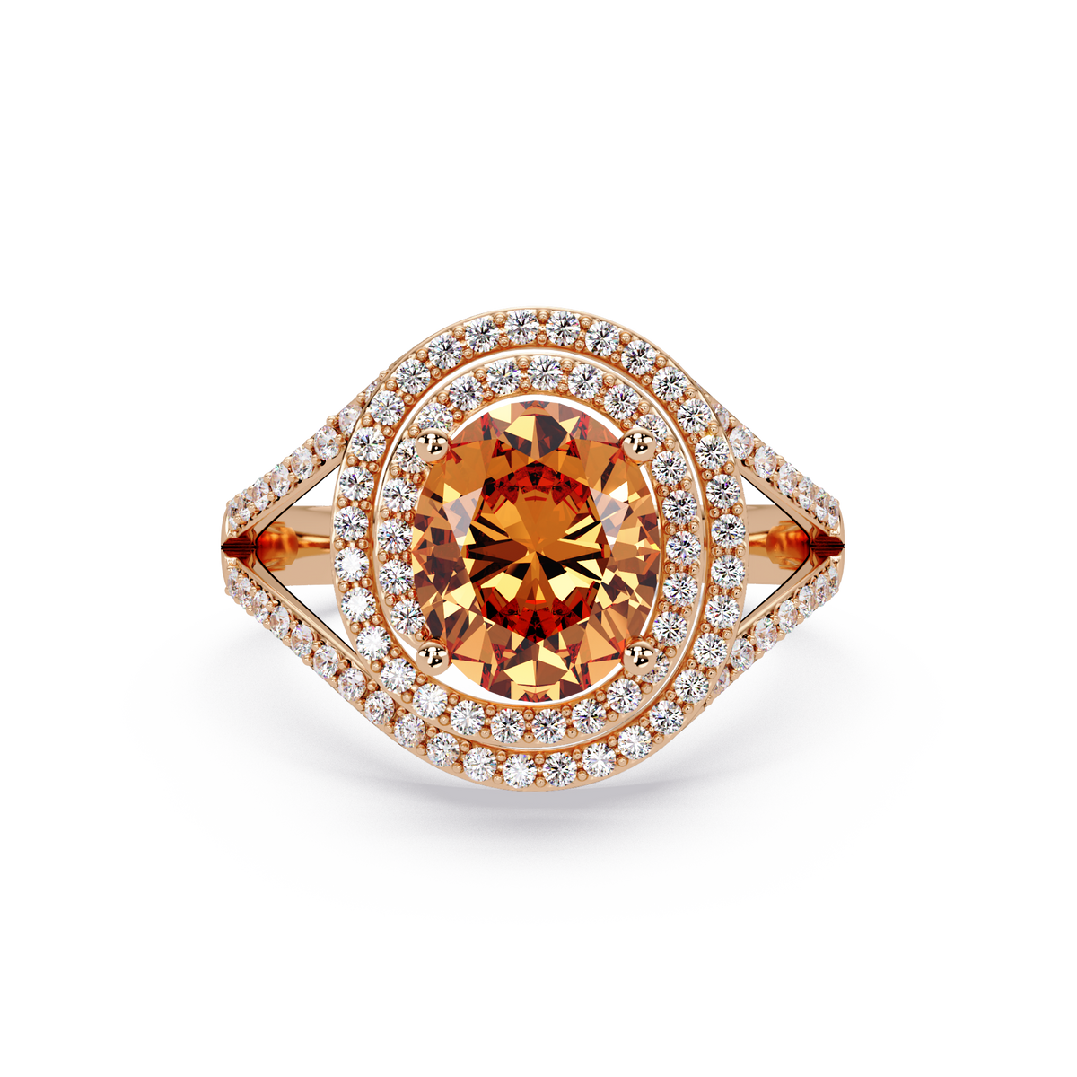 1.8 CTW Oval Double Halo Split Shank Colorstone Ring with Champagne Topaz center in 14K Rose Gold – Lunéa Paris