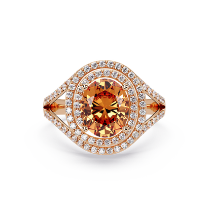 1.8 CTW Oval Double Halo Split Shank Colorstone Ring with Champagne Topaz center in 14K Rose Gold – Lunéa Paris