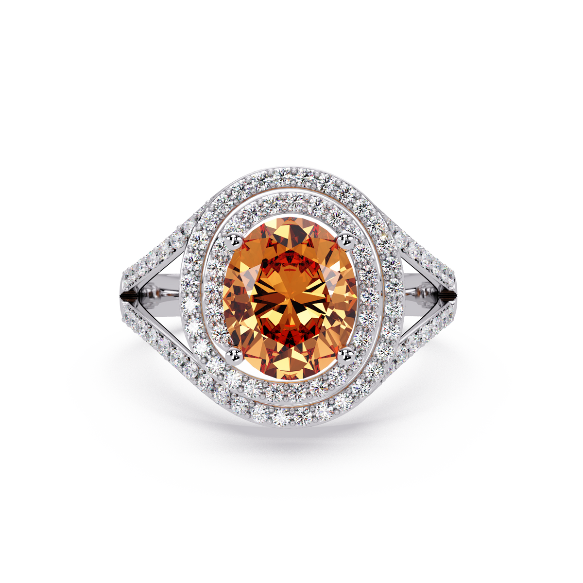 1.8 CTW Oval Double Halo Split Shank Colorstone Ring with Champagne Topaz center in 14K White Gold – Lunéa Paris