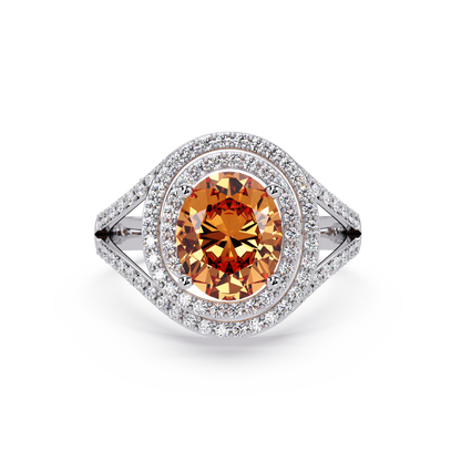1.8 CTW Oval Double Halo Split Shank Colorstone Ring with Champagne Topaz center in 14K White Gold – Lunéa Paris