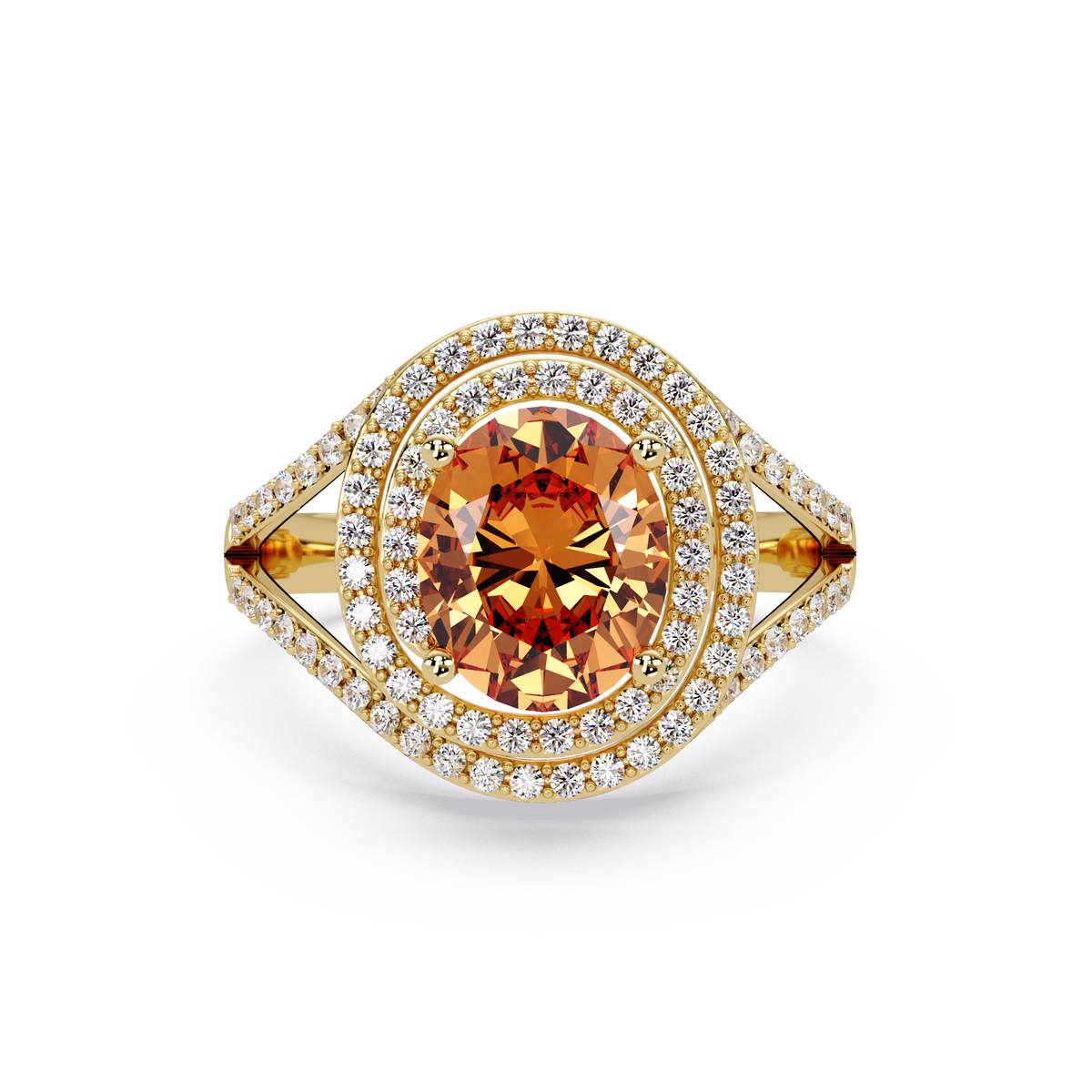 1.8 CTW Oval Double Halo Split Shank Colorstone Ring with Champagne Topaz center in 14K Yellow Gold – Lunéa Paris