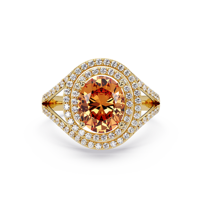 1.8 CTW Oval Double Halo Split Shank Colorstone Ring with Champagne Topaz center in 14K Yellow Gold – Lunéa Paris
