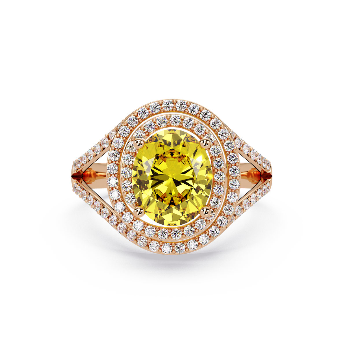 1.8 CTW Oval Double Halo Split Shank Colorstone Ring with Citrine Yellow center in 14K Rose Gold – Lunéa Paris