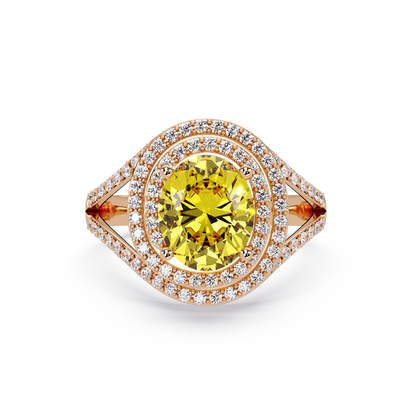 1.8 CTW Oval Double Halo Split Shank Colorstone Ring with Citrine Yellow center in 14K Rose Gold – Lunéa Paris
