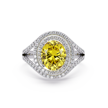 1.8 CTW Oval Double Halo Split Shank Colorstone Ring with Citrine Yellow center in 14K White Gold – Lunéa Paris