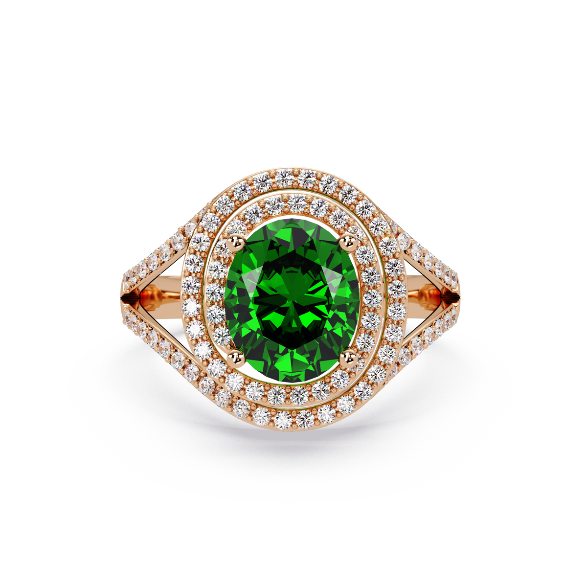1.8 CTW Oval Double Halo Split Shank Colorstone Ring with Emerald Green center in 14K Rose Gold – Lunéa Paris