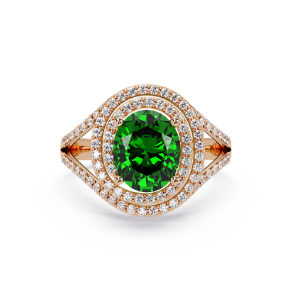 1.8 CTW Oval Double Halo Split Shank Colorstone Ring with Emerald Green center in 14K Rose Gold – Lunéa Paris