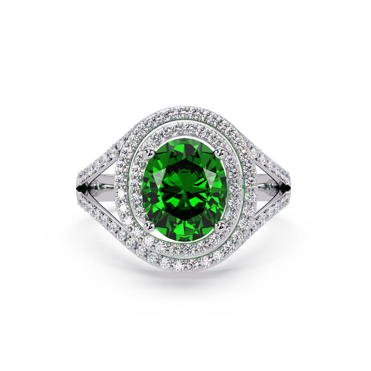 1.8 CTW Oval Double Halo Split Shank Colorstone Ring with Emerald Green center in 14K White Gold – Lunéa Paris