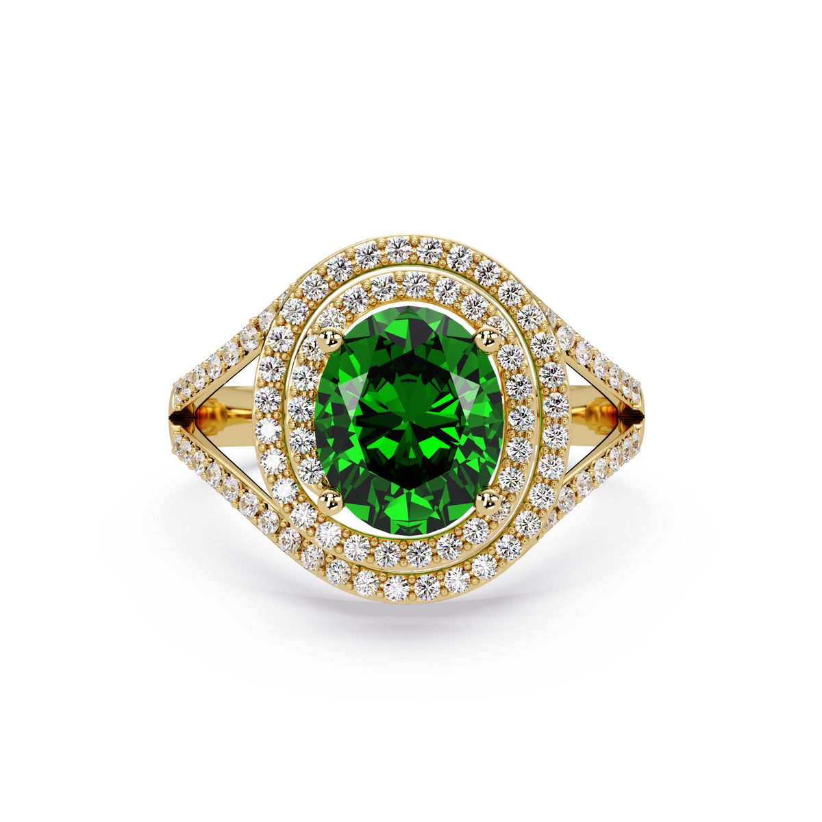 1.8 CTW Oval Double Halo Split Shank Colorstone Ring with Emerald Green center in 14K Yellow Gold – Lunéa Paris