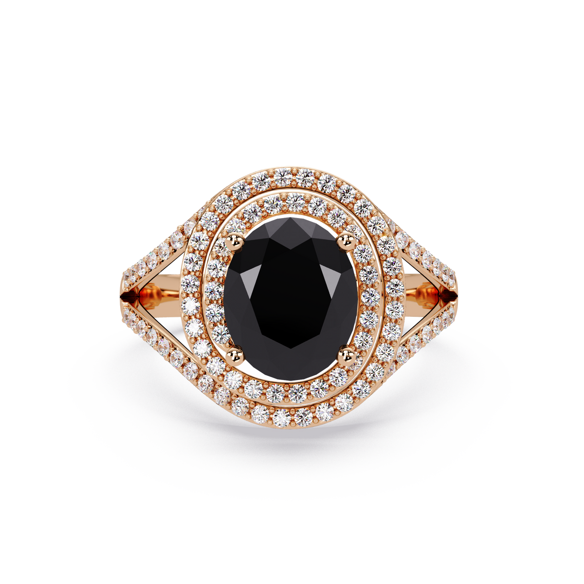 1.8 CTW Oval Double Halo Split Shank Colorstone Ring with Onyx center in 14K Rose Gold – Lunéa Paris