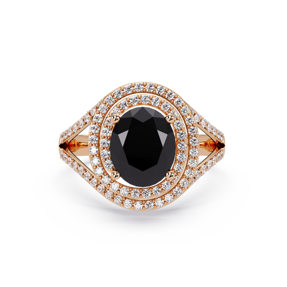 1.8 CTW Oval Double Halo Split Shank Colorstone Ring with Onyx center in 14K Rose Gold – Lunéa Paris