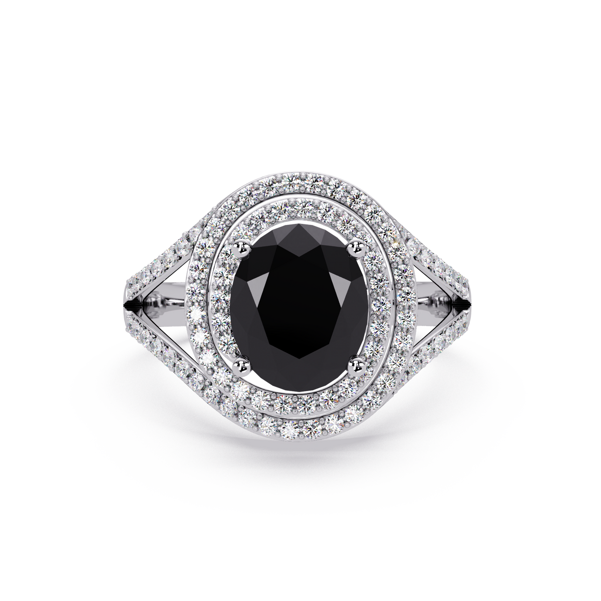 1.8 CTW Oval Double Halo Split Shank Colorstone Ring with Onyx center in 14K White Gold – Lunéa Paris