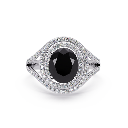 1.8 CTW Oval Double Halo Split Shank Colorstone Ring with Onyx center in 14K White Gold – Lunéa Paris