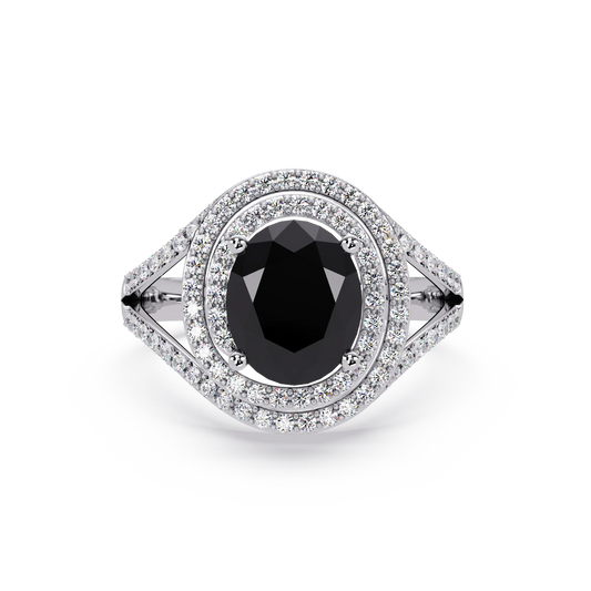 1.8 CTW Oval Double Halo Split Shank Colorstone Ring with Onyx center in 14K White Gold – Lunéa Paris