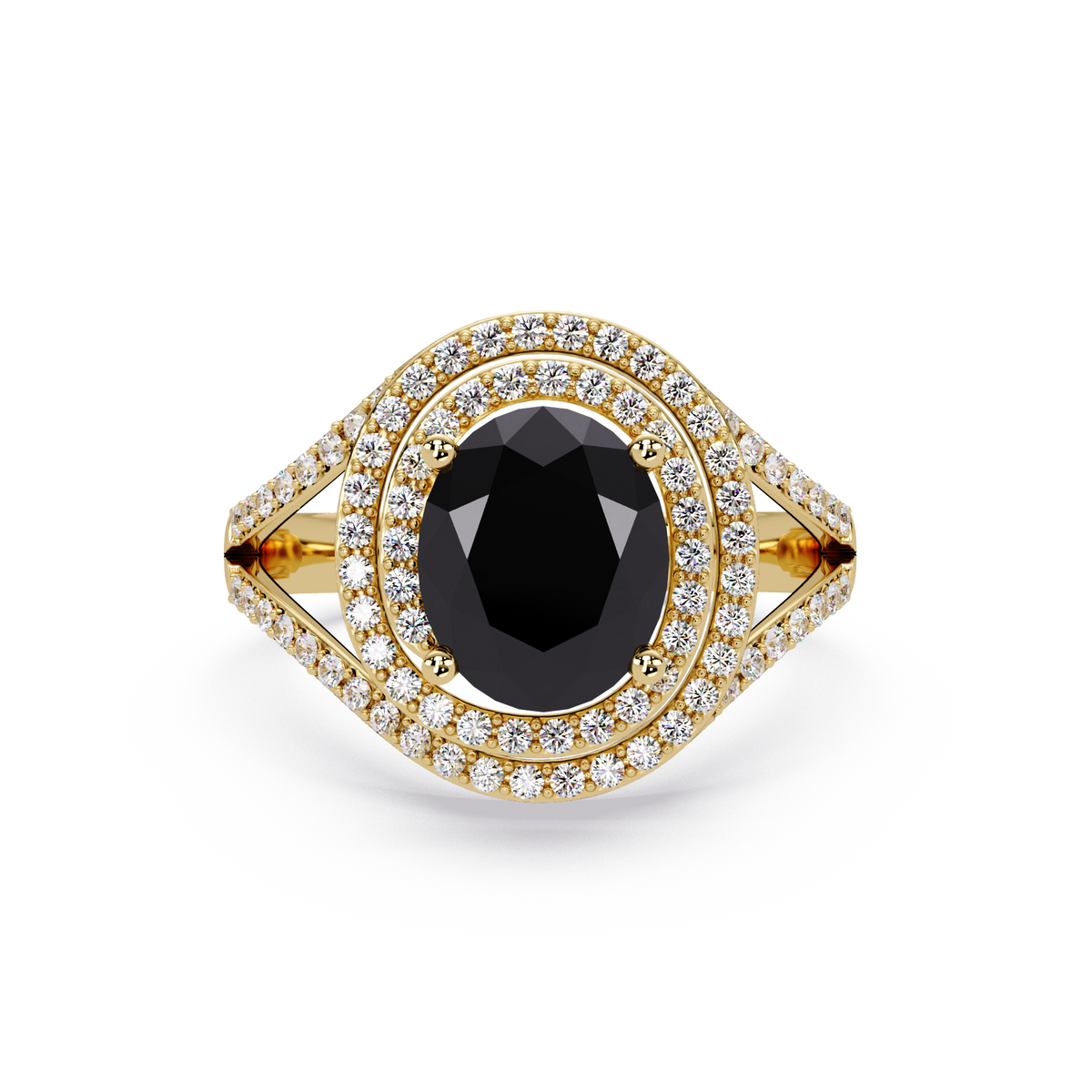 1.8 CTW Oval Double Halo Split Shank Colorstone Ring with Onyx center in 14K Yellow Gold – Lunéa Paris